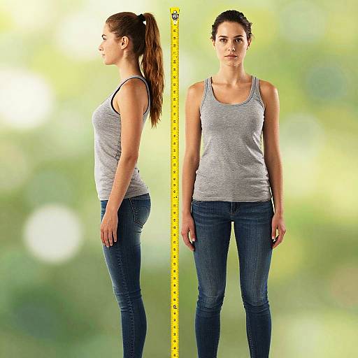 Photograph of a woman in a gray tank top and blue jeans, shown in profile and front view, with a height measurement ruler in between. Background