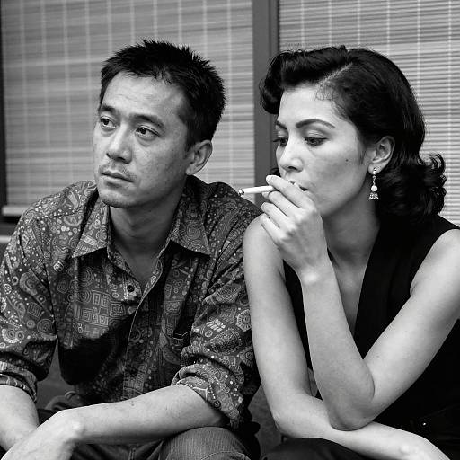 Black and White Photo of Man and Woman Sitting