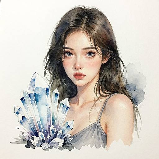 Digital watercolor portrait of a young woman with long dark hair, blue eyes, and fair skin, holding blue and white crystal clusters.