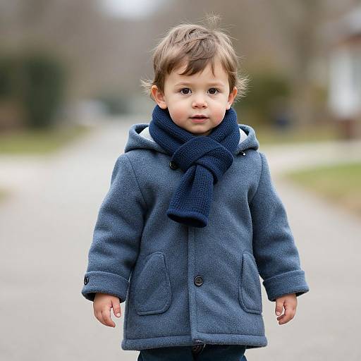 Photograph of a young boy with light brown hair, wearing a blue wool coat and matching scarf, standing on a blurred suburban street.