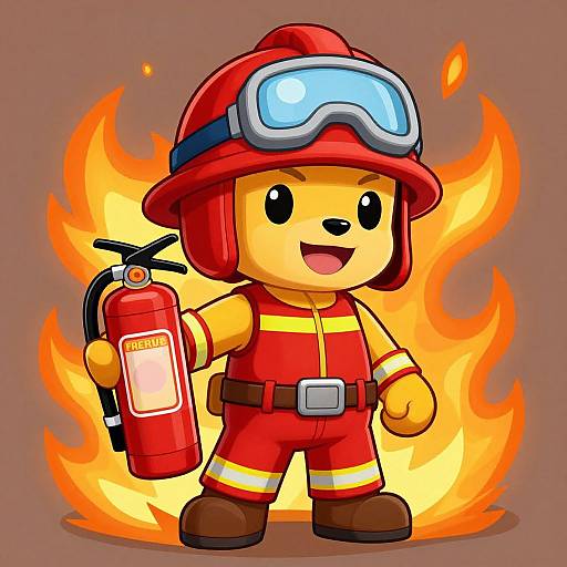 Cute cartoon dog firefighter in red suit, helmet, and goggles, holding a fire extinguisher, standing in front of bright flames.