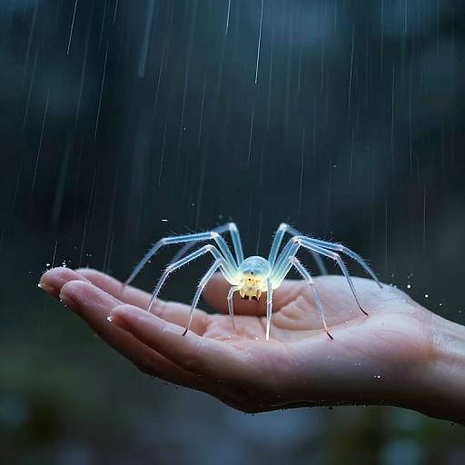 Photograph of a glowing, bioluminescent spider on an open, outstretched hand in a rainstorm, with dark, blurred background.