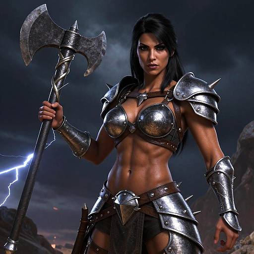 CGI image of a muscular, dark-haired female warrior with silver armor, holding a double-headed axe, under a stormy sky with lightning.