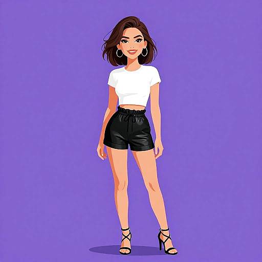 Digital illustration of a young woman with fair skin, brown hair, wearing a white crop top, black high-waisted shorts, and black strappy