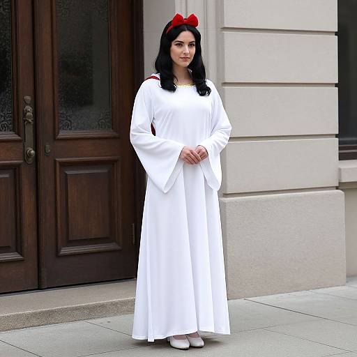 Photograph of a young woman with long black hair wearing a white robe, red bow, and white shoes, standing in front of a wooden door and