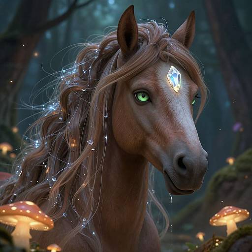 Digital artwork of a mystical, glowing-eyed horse with a crystal forehead gem, surrounded by glowing mushrooms and fairy lights in a dark, enchanted forest.