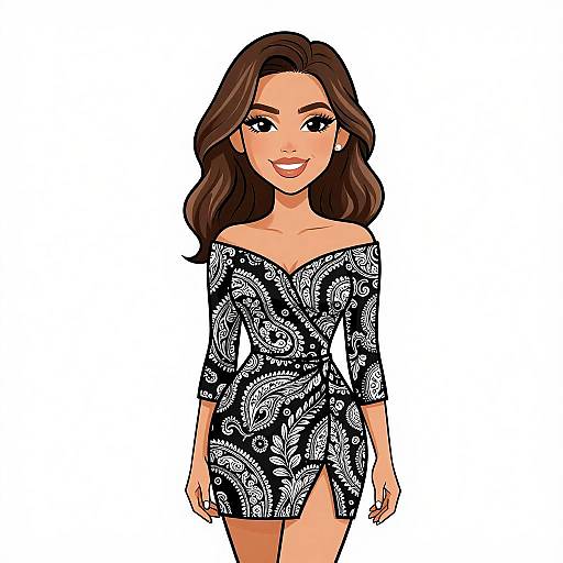 Digital cartoon of a smiling woman with long brown hair, wearing an off-shoulder black and white floral mini dress, white background.