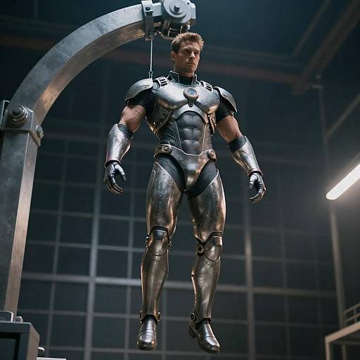Futuristic Hero in Metallic Suspension