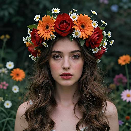 Photograph of a fair-skinned, brown-haired woman with wavy hair, wearing a vibrant flower crown of red roses and orange daisies,