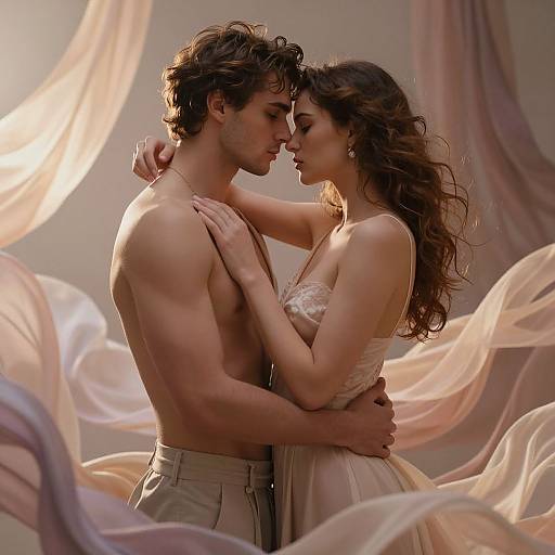 Photograph of a shirtless, muscular man and a long-haired woman in a flowing, ethereal dress, intimately embracing amidst soft, pastel-colored