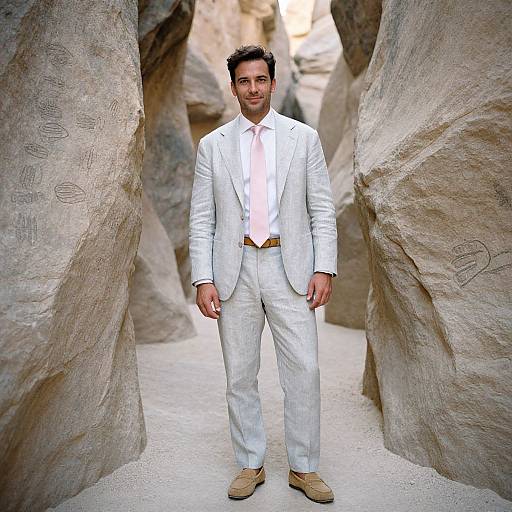 Photograph of a smiling man in a white pinstripe suit, white shirt, and tan shoes standing between large, textured rock formations.
