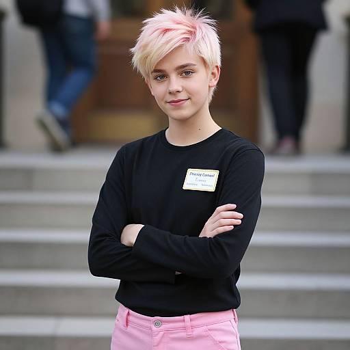 Photograph of a young, white, androgynous person with short, platinum blonde hair, black long-sleeve shirt, pink pants,