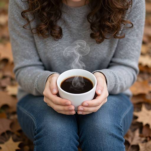 Photograph of a person with curly brown hair, wearing a gray sweater and blue jeans, sitting on the ground holding a steaming white cup of coffee