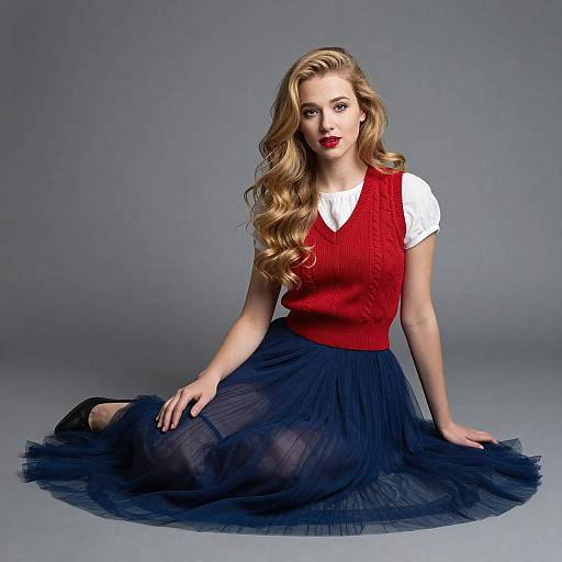 Young Woman in Red Vest and Blue Skirt