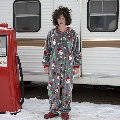 Photograph of a woman in a gray Christmas-themed pajama suit standing outside a white RV with a red gas pump beside her on snowy ground.
