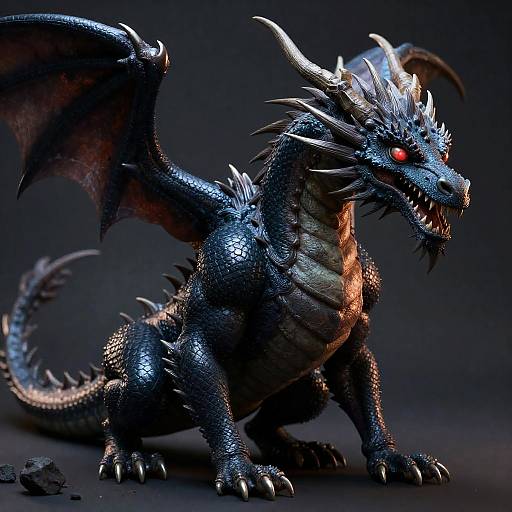 Photorealistic CGI of a fierce, dark blue dragon with glowing red eyes, sharp claws, and spiked scales, standing on a dark background with a