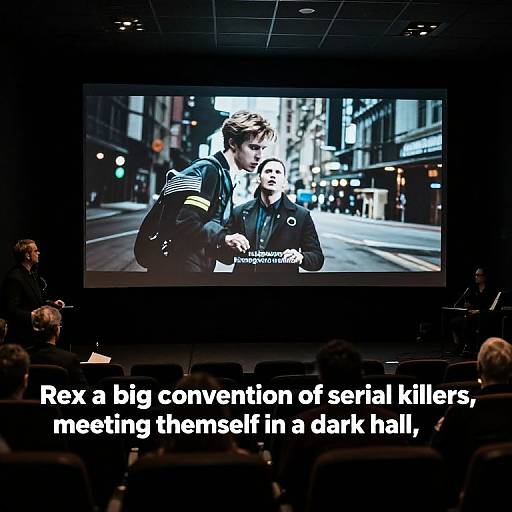 Movie theater projection of two men in a city street, one leaning over the other. Bold white text below: 