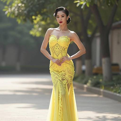 Elegant Asian woman in yellow strapless gown