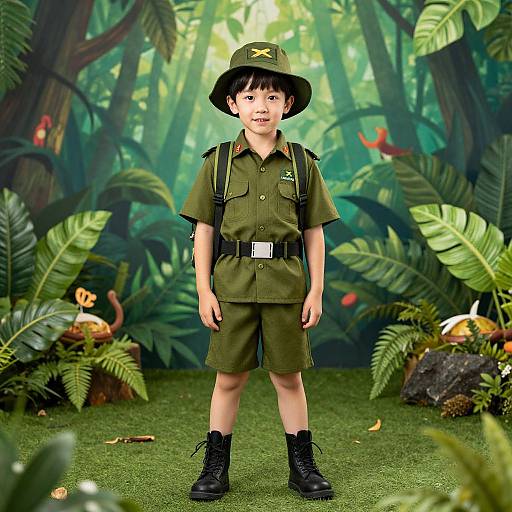 Photograph of a young boy in a green Boy Scout uniform with black boots, standing in a lush, detailed jungle background.