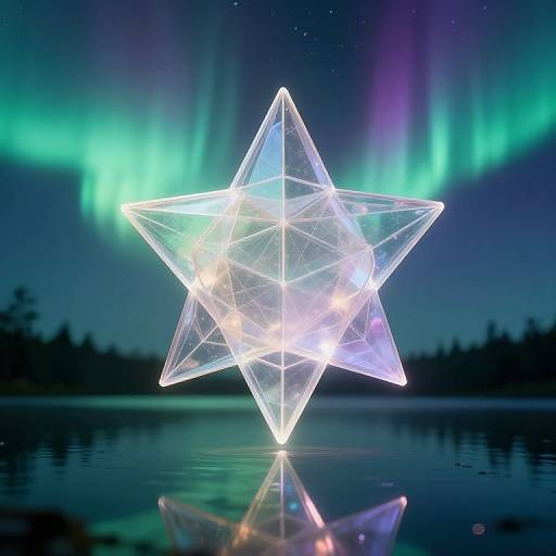 Photograph of a glowing, transparent star-shaped LED light against a night sky with vibrant green Northern Lights, reflecting on a calm water surface.