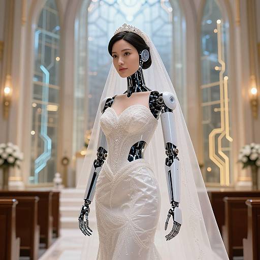 Graceful AI-Enhanced Bride in Futuristic Chapel