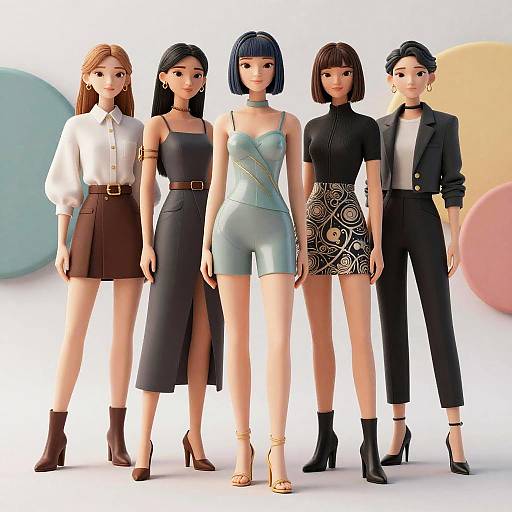 Digital CGI image of five stylish women in diverse outfits, including high-waisted skirts, crop tops, and patterned shorts, standing against pastel