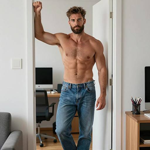 Muscular Bearded Man in Blue Jeans at Doorframe