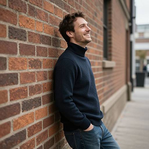 Photograph of a smiling, bearded man with dark brown hair, leaning against a red brick wall, wearing a navy sweater and blue jeans. Urban