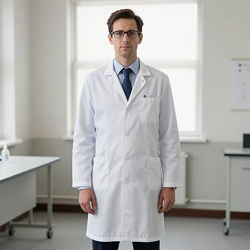 Photograph of a serious Caucasian male scientist with short brown hair, glasses, white lab coat, blue shirt, and tie, standing in a bright,