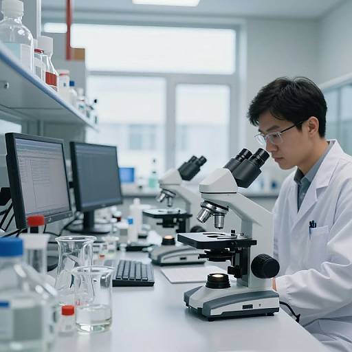 Photograph of an Asian male scientist in a white lab coat, focused on a microscope in a bright, modern laboratory.