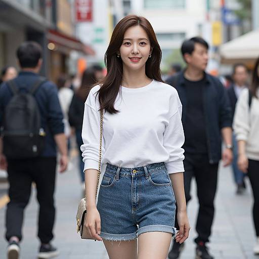Photograph of an Asian woman with long dark hair, wearing a white long-sleeve shirt and blue denim shorts, standing on a busy urban street