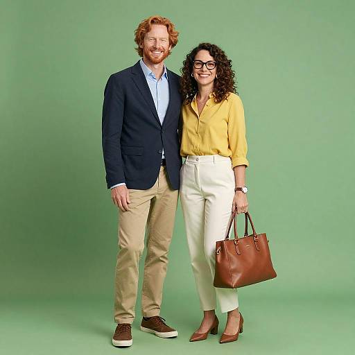 Photograph of a red-haired bearded man in a navy blazer and beige pants, standing beside a curly-haired woman in a yellow blouse and white