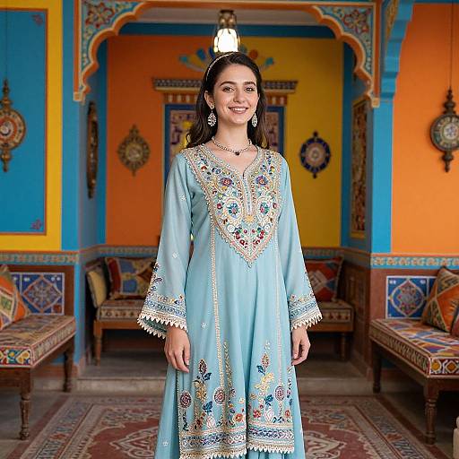 Photograph of a smiling woman with dark hair, wearing a light blue, intricately embroidered traditional outfit, standing in a colorful, ornately decorated room