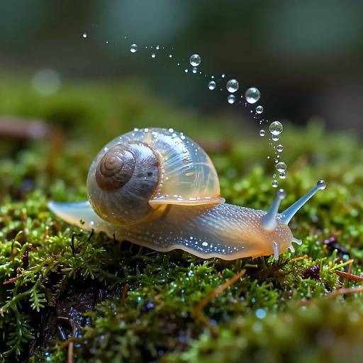 Photograph of a glistening snail with dewdrops on its shell, crawling on vibrant green moss, with a blurred dark background.