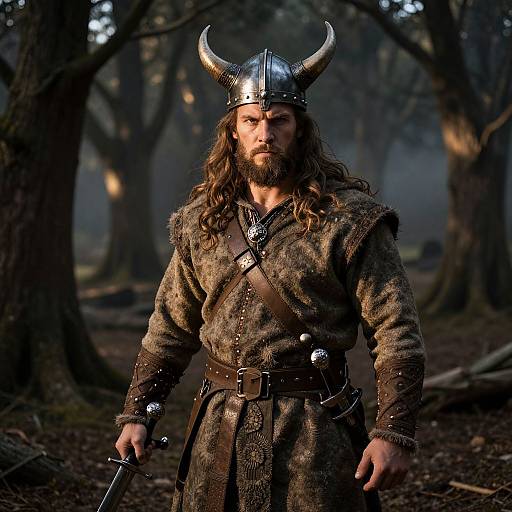 Photograph of a muscular, bearded Viking warrior with long brown hair, wearing a horned helmet, fur robe, and leather belt, standing in