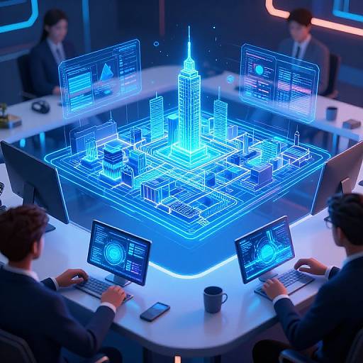 Digital meeting in a futuristic office featuring three businessmen around a glowing blue holographic cityscape on multiple screens. Neon-lit background.