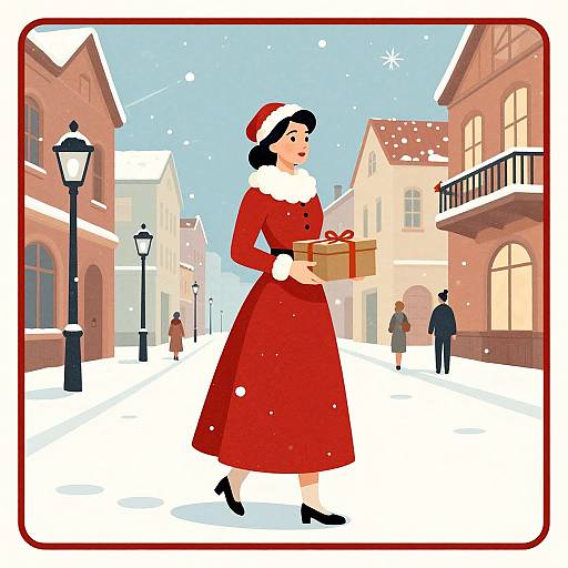 Digital illustration of a woman in a red Christmas dress and Santa hat, holding a gift box, walking in a snowy, quaint town street with snow-covered