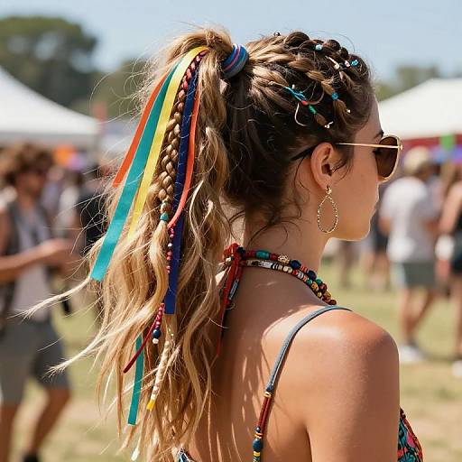 Photograph of a woman with braided hair, colorful ribbons, hoop earrings, and sunglasses, facing away at an outdoor festival. Blurred crowd