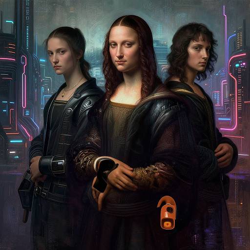 Digital artwork of three serious, dark-haired individuals in futuristic black attire, standing side-by-side against a neon-lit, cyberpunk cityscape.