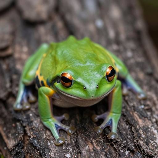 Close-up photograph of a vibrant green tree frog with large, orange, glowing eyes and yellow stripes, perched on rough, dark brown bark.