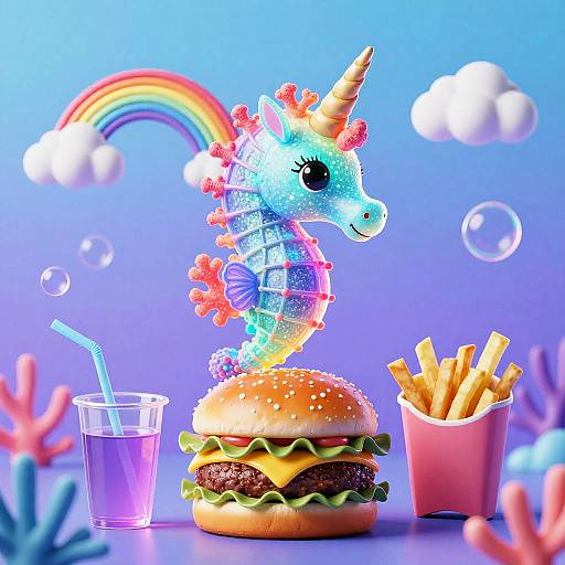 Neon Seahorse-Unicorn Eating Cloud Burger
