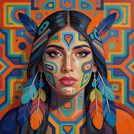 Digital artwork of a woman with long black hair, vibrant orange-blue geometric face paint, colorful feathers in her hair, and matching earrings, set against a