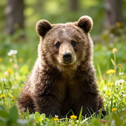 Photograph of a cute, fluffy brown bear cub sitting in a sunlit forest clearing with green grass and yellow wildflowers.