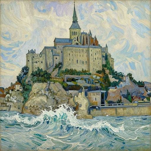 Impressionist-style painting of a rocky coastal fortress with a tall spire, surrounded by turbulent waves, against a swirling blue and white sky.