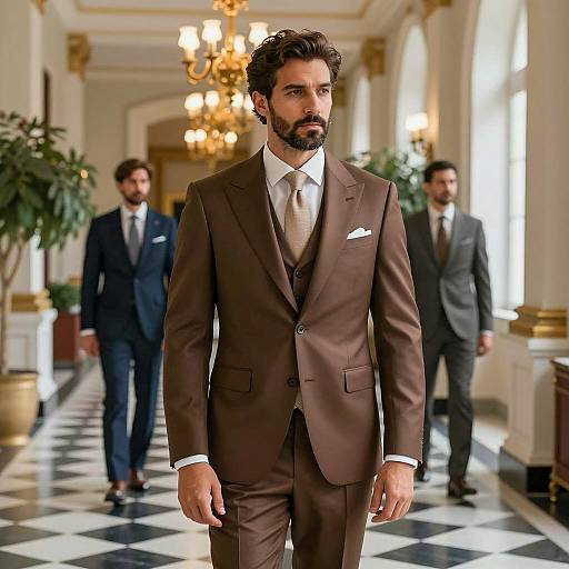 Handsome man in brown three-piece suit in elegant hallway