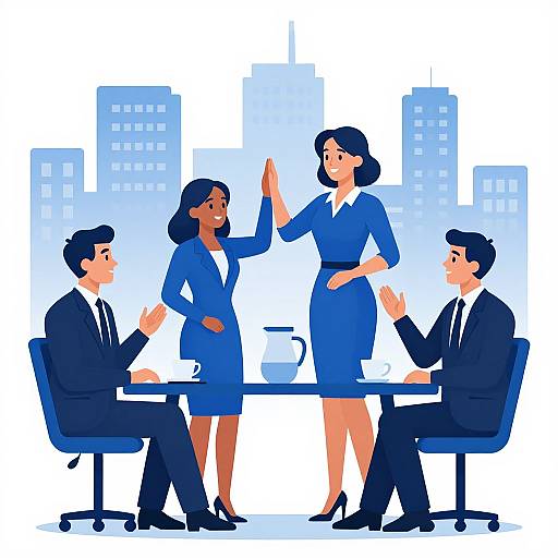 Digital illustration of four business professionals in blue suits, high-fiving, seated and standing around a table in a cityscape background.