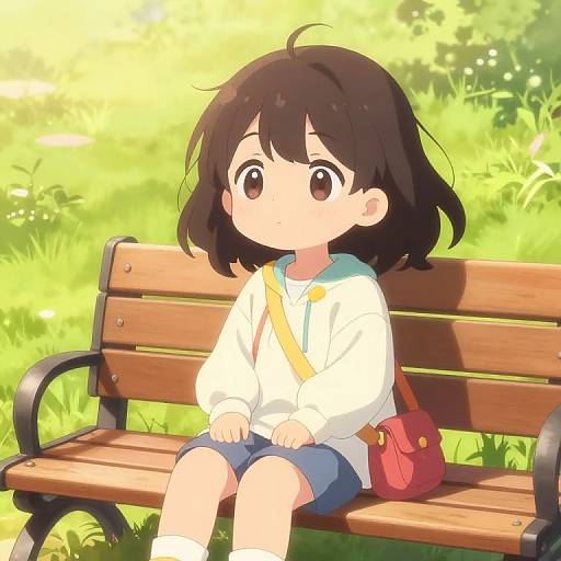 Anime-style illustration of a young girl with black hair, wearing a white hoodie, blue shorts, and white socks, sitting on a wooden bench in a