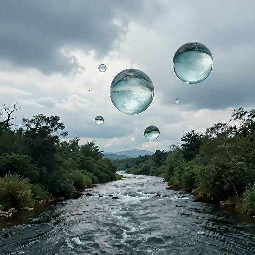 Photograph of a turbulent river flanked by dense greenery, under a cloudy sky with large, reflective water bubbles floating overhead.