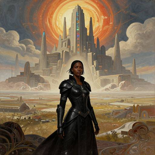 Digital art: Dark-skinned woman in black armored dress stands before towering futuristic cityscape with glowing orange sun behind, surrounded by cloudy sky and barren landscape