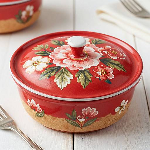 Photograph of a red ceramic lidless pot with white and pink floral designs, a gold base, and a white knob, on a white wooden surface
